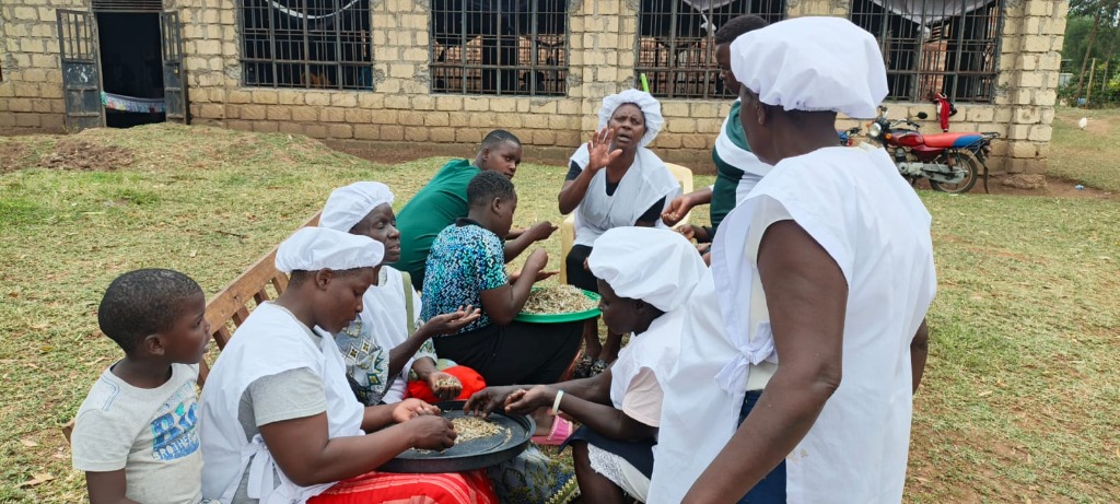 Women of the community sorting agricultural produce outside