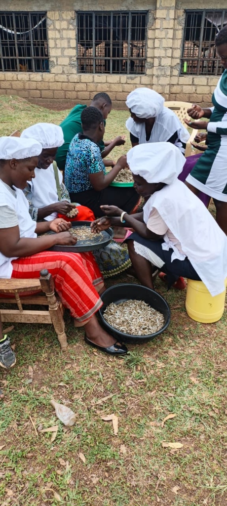 Women of the foundation preparing small fish (omena) for the feeding program