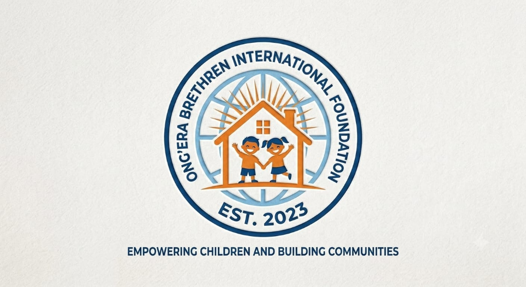 Ong'era Brethren International Foundation official circular logo showing two children under a house with a globe, established 2023